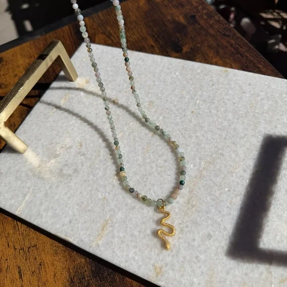 Multicolor Gemstone Beaded Necklace with Gold Snake Charm - Picture 5 of 5